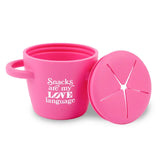 Happy Snacker | Snacks Are My Love Language pink two-piece silicone snack cup with snap tight lid and easy grip handles.
