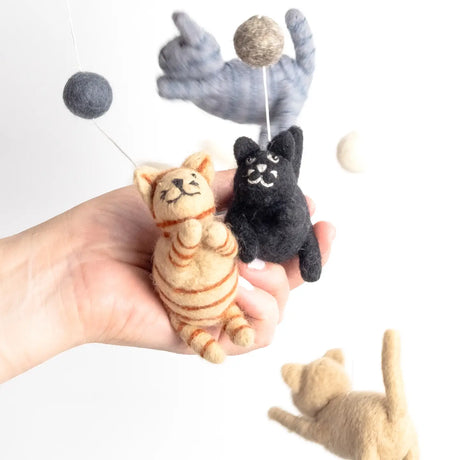 Felt Mobile | Cats & Mouse showing handmade wool felt cat and mouse figures hanging from a hoop for nursery decor.