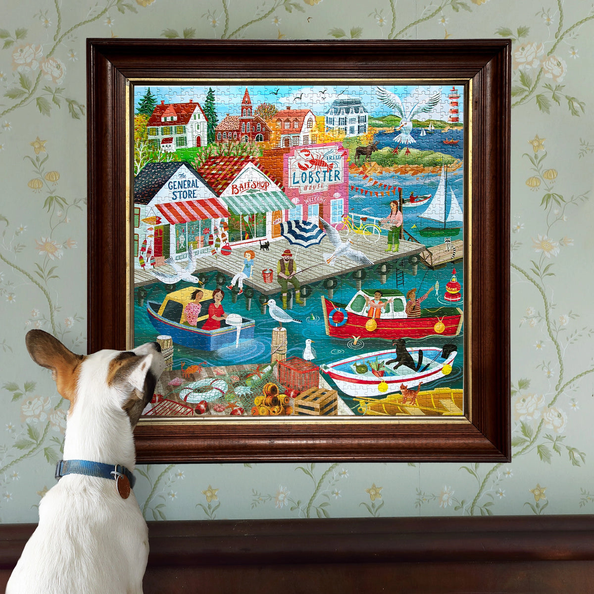 1000pc New England Wharf Puzzle showing a colorful framed seaside harbor scene