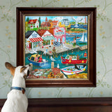 1000pc New England Wharf Puzzle showing a colorful framed seaside harbor scene