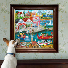 1000pc New England Wharf Puzzle showing a colorful framed seaside harbor scene