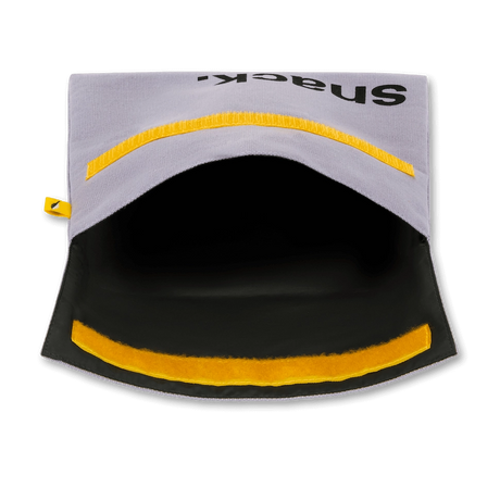 Open reusable snack bag with yellow hook and loop closure and black food-safe lining inside
