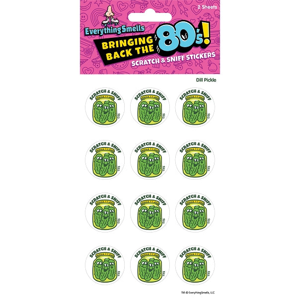 Sheet of circular dill pickle scratch and sniff stickers from the Bringing Back the 80's collection with 12 stickers.
