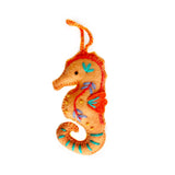 Seahorse Embroidered Felt Ornament handmade in Peru with colorful wool and detailed embroidery, perfect for festive decor.