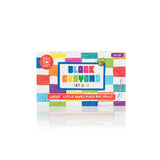 Colorful art crayon package labeled Block Crayons Set of 12 with geometric blocks and an ages three plus label