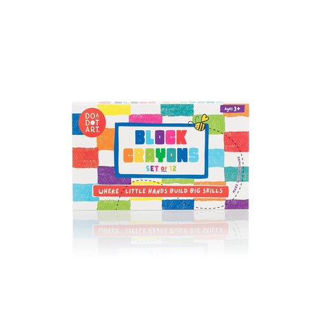 Colorful art crayon package labeled Block Crayons Set of 12 with geometric blocks and an ages three plus label