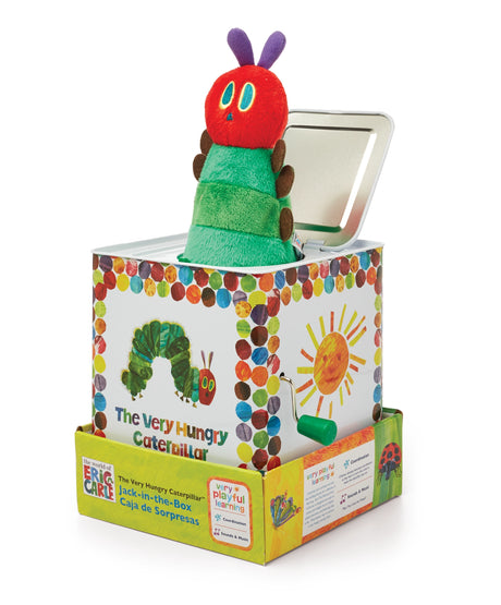 Colorful jack-in-the-box toy featuring the iconic caterpillar popping out with vibrant spots and sun design on the box sides