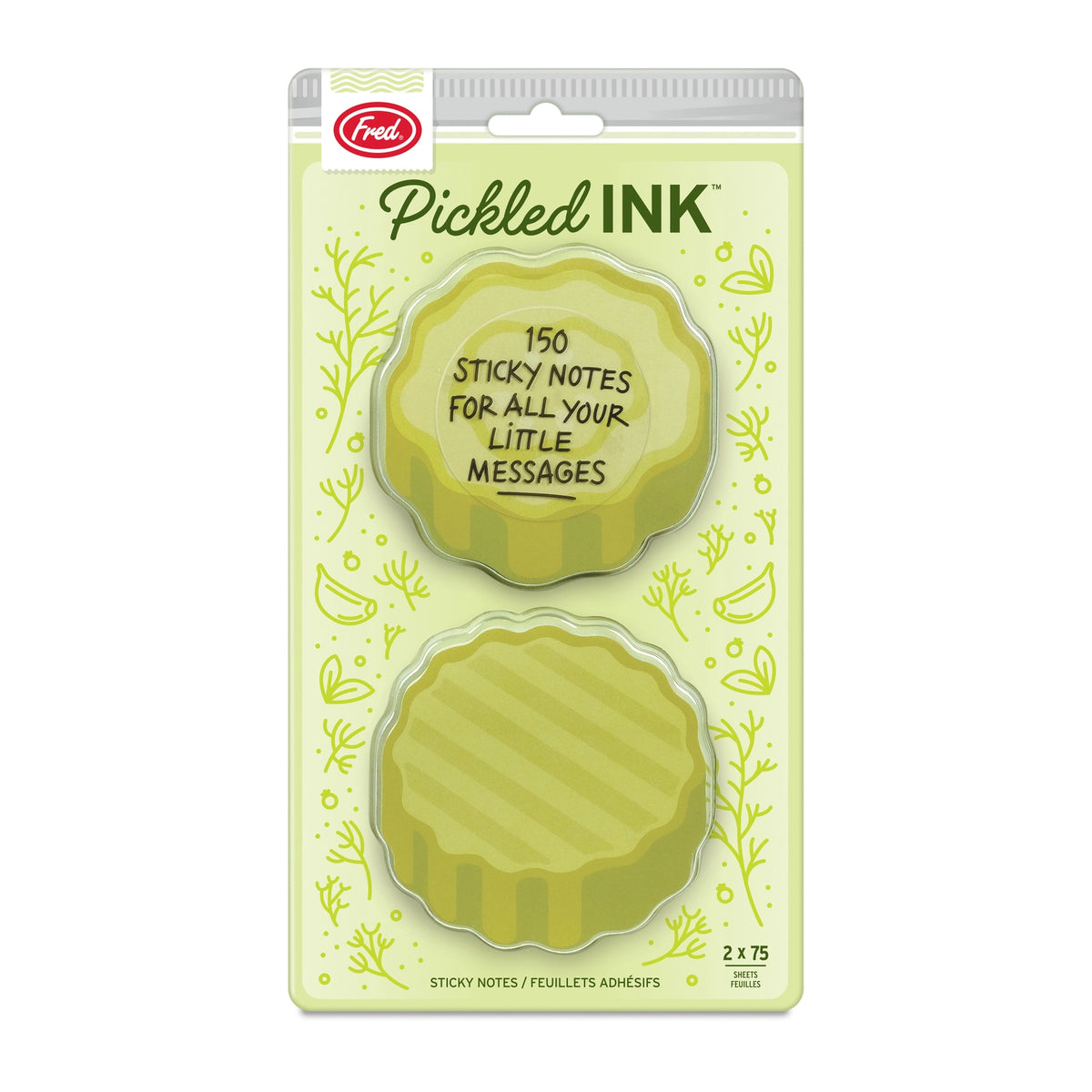 Pickled Ink Pickle Sticky Notes in pickle shaped designs with green packaging