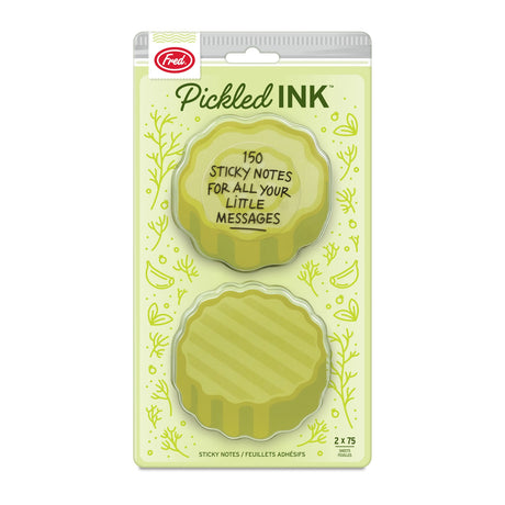 Pickled Ink Pickle Sticky Notes in pickle shaped designs with green packaging
