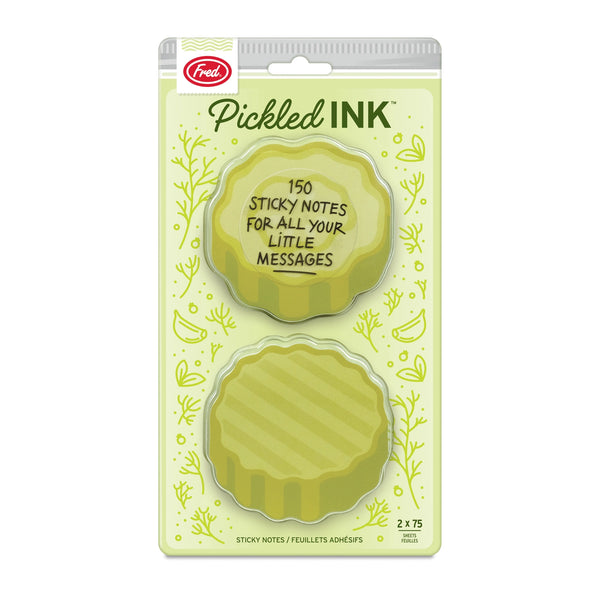 Pickled Ink Pickle Sticky Notes in pickle shaped designs with green packaging