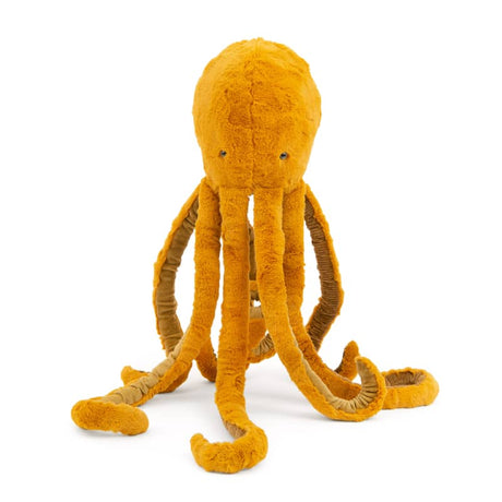 Soft large orange velvet octopus plush toy with eight long flexible tentacles sitting upright on white background