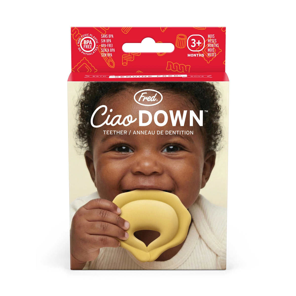 Ciao Down Tortellini Teether packaged in a box with a baby holding a yellow teether
