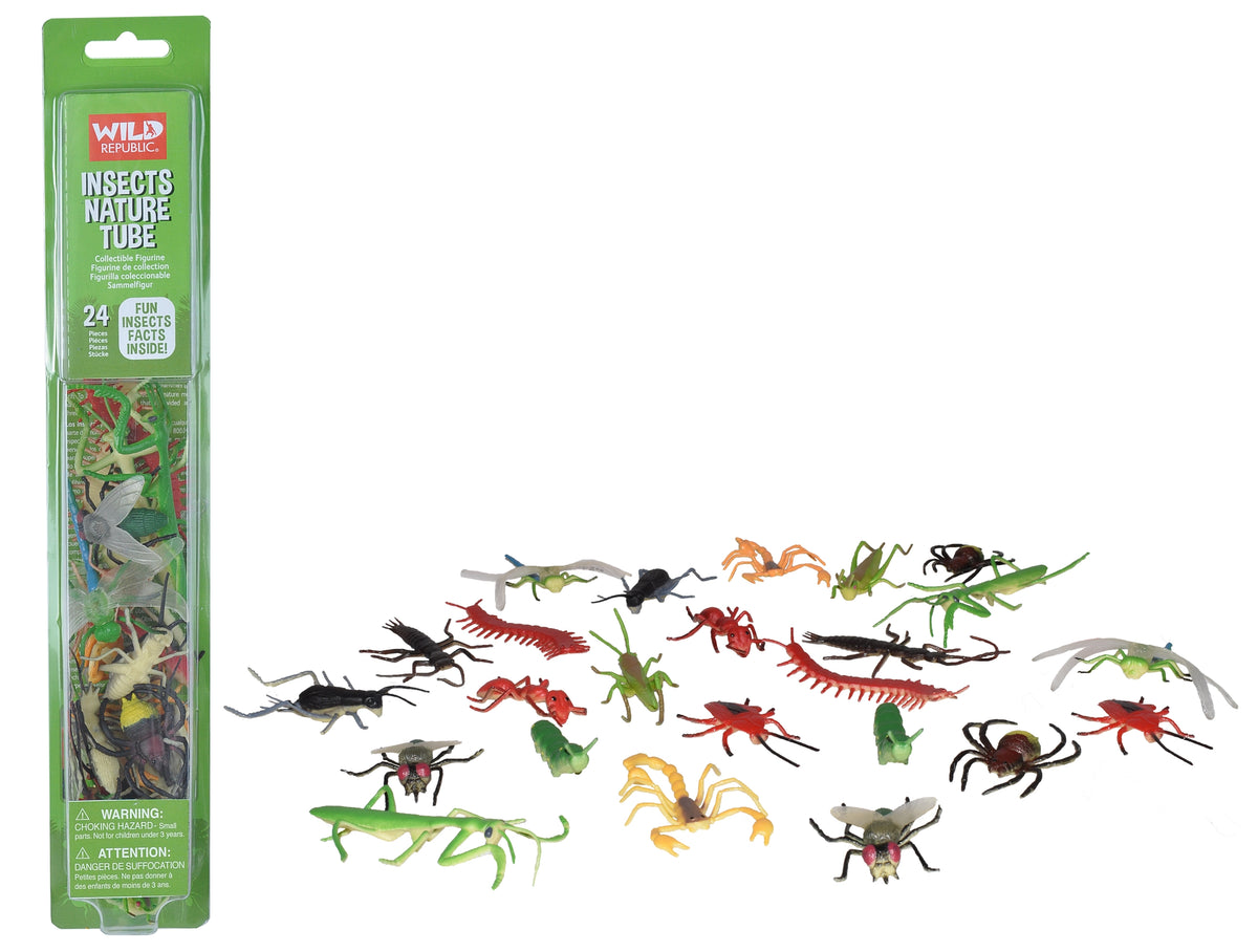 Nature Tube Insect toy with colorful plastic insects displayed beside its green package