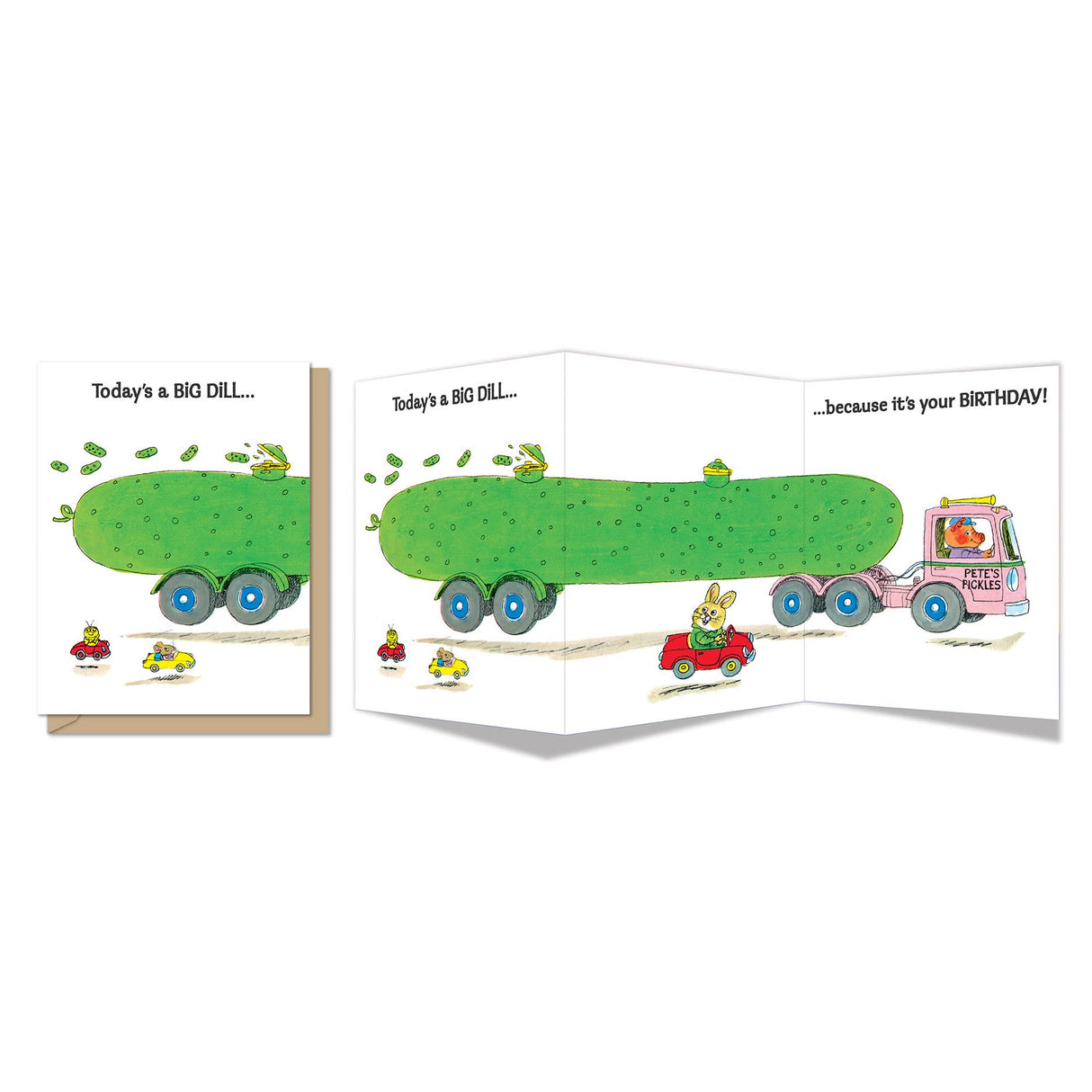 Whimsical tri-fold birthday card featuring a large pickle truck and cheerful animal characters in bright colors