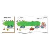 Whimsical tri-fold birthday card featuring a large pickle truck and cheerful animal characters in bright colors