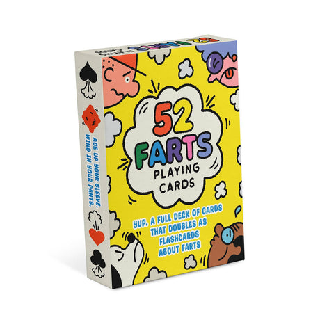 Colorful box of 52 fart-themed playing cards featuring playful cartoon illustrations and humorous text on a yellow background