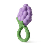 Purple grape-shaped natural rubber baby rattle with green textured handle designed to soothe and stimulate senses.