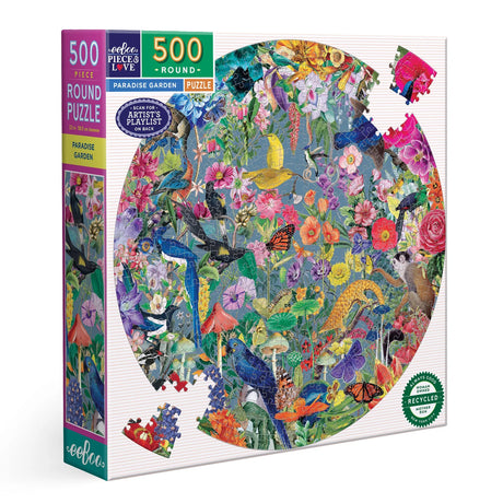 Vibrant round puzzle with colorful flowers, butterflies, birds, mushrooms, and lush garden plants in a circular design