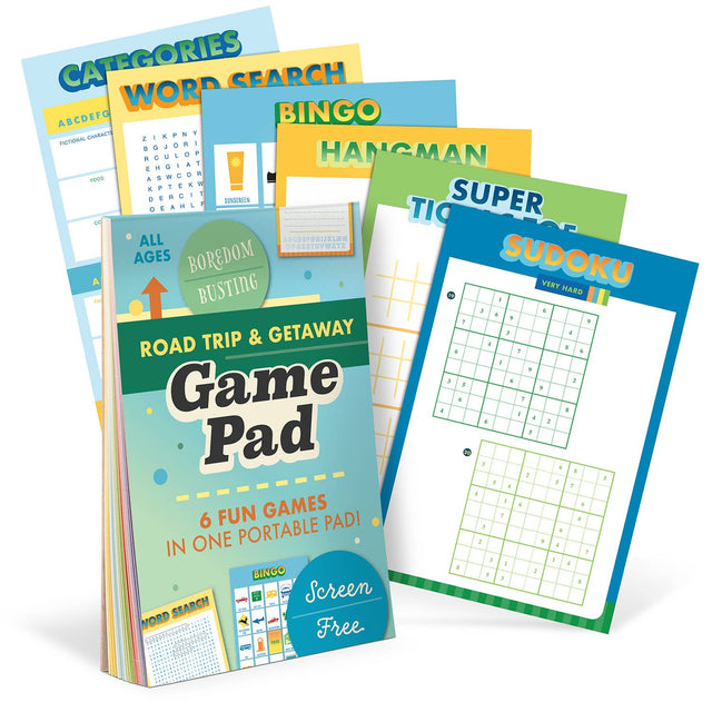 Road Trip Game Pad with six fun activities including bingo, word search, hangman, and sudoku for kids and families.
