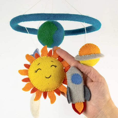 Felt Mobile | Planets & Space with smiling sun, Earth, rocket, and ringed planet in bright felt colors hanging from blue hoop