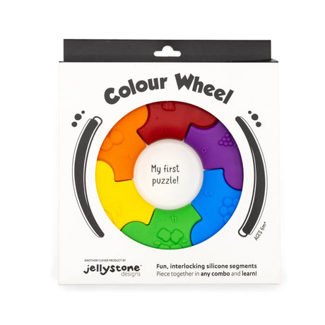 Jellystone Designs Colour Wheel Puzzle baby toy with interlocking colorful silicone pieces for early learning and sensory play.