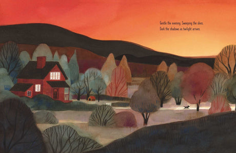 Dark on Light" depicts a warm house at sunset with trees and a small dog wandering through twilight nature.