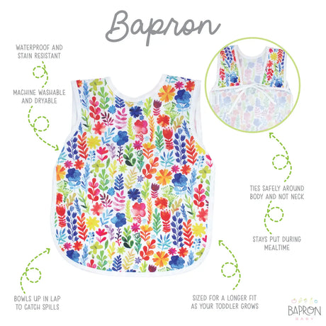 Bapron | Rainbow Watercolor 6M-3T toddler bib-apron with waterproof, stain-resistant, and machine washable fabric