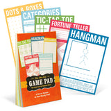 Compact paper game pad featuring classic games like Hangman, Tic-Tac-Toe, and Fortune Teller for all ages on the go