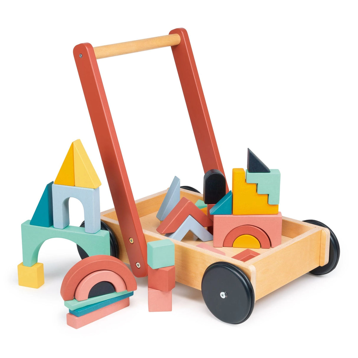 Wooden block trolley with colorful building blocks, designed for toddlers to push and pull during playtime.
