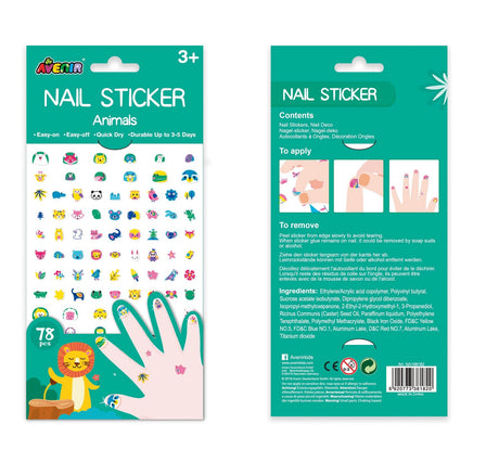 Colorful animal-themed nail stickers for kids, easy to apply and remove, perfect for fun and creative nail art play.