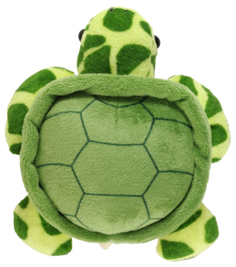 Soft green plush sea turtle toy with patterned shell and flippers shown from above on white background