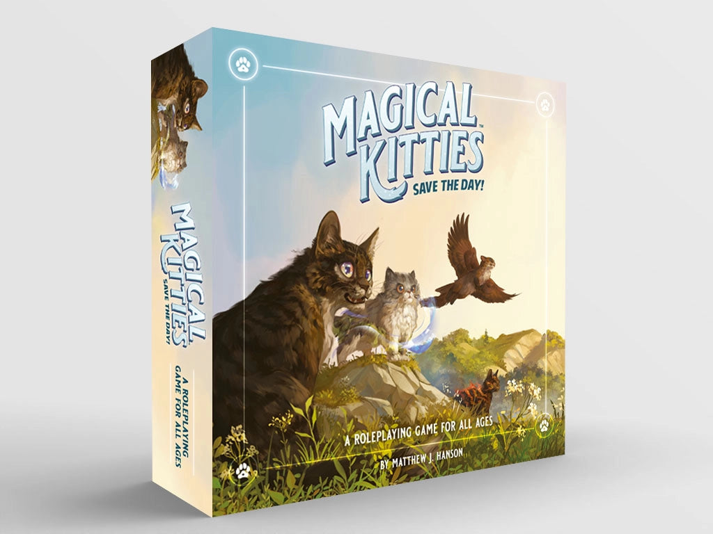 Box cover of Magical Kitties Save the Day tabletop RPG featuring magical cats and a bird in a vibrant outdoor setting