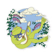 Green frog wearing a blue bow and playing a stringed instrument surrounded by leafy vines and pink flowers on blue sky background