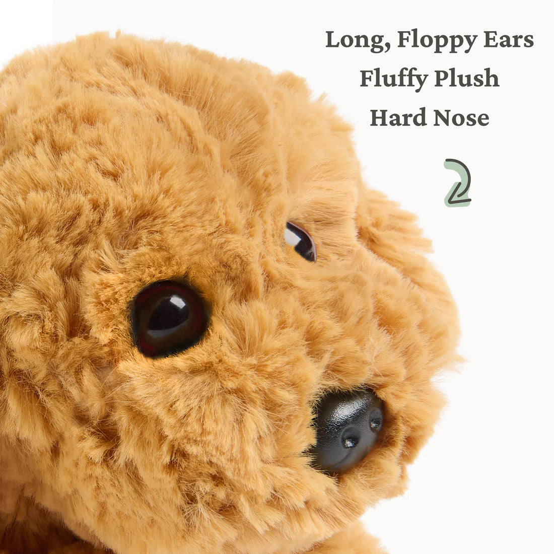 Close-up of a soft plush dog with long floppy ears and a hard nose, perfect for cuddling and gifting.