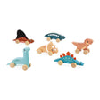 Dino Push-Along colorful wooden dinosaur toys with wheels in assorted styles for children ages 12 months and up.