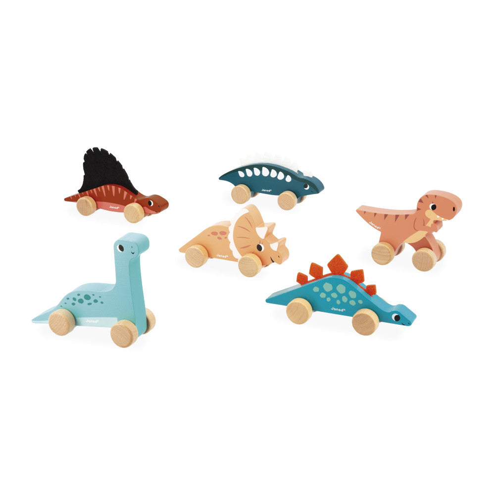 Dino Push-Along colorful wooden dinosaur toys with wheels in assorted styles for children ages 12 months and up.
