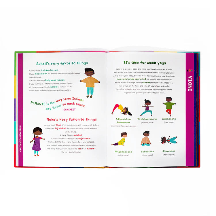 Open book featuring some cartoon children in yoga poses interspersed among text. Text at the top reads "Suhail's very favorite things" and "It's time for some yoga".