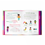 Open book featuring some cartoon children in yoga poses interspersed among text. Text at the top reads "Suhail's very favorite things" and "It's time for some yoga".