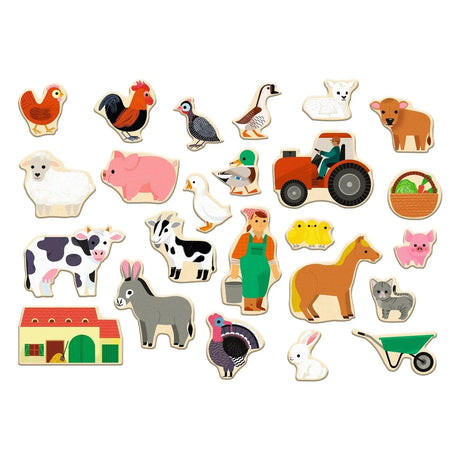 Magnets Farmix set of 24 farm-themed magnetic wooden pieces including animals, tractor, farmer, and barn for kids ages 2 and up.