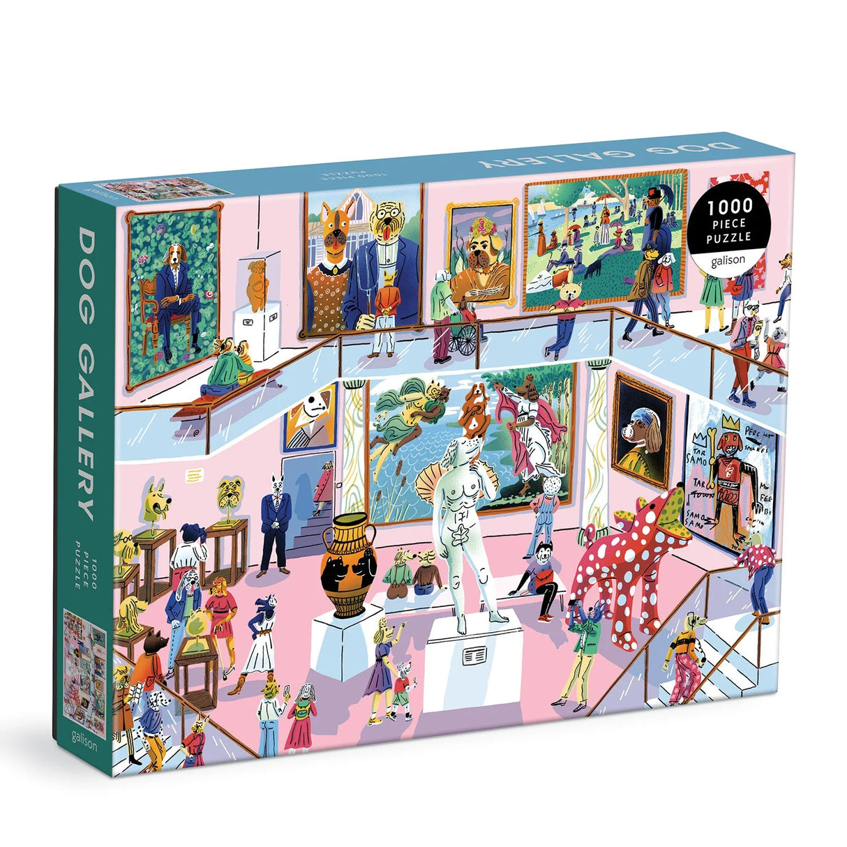 Box of 1000 piece Dog Gallery puzzle featuring whimsical dog characters visiting an art museum with dog-themed paintings.