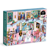 Box of 1000 piece Dog Gallery puzzle featuring whimsical dog characters visiting an art museum with dog-themed paintings.