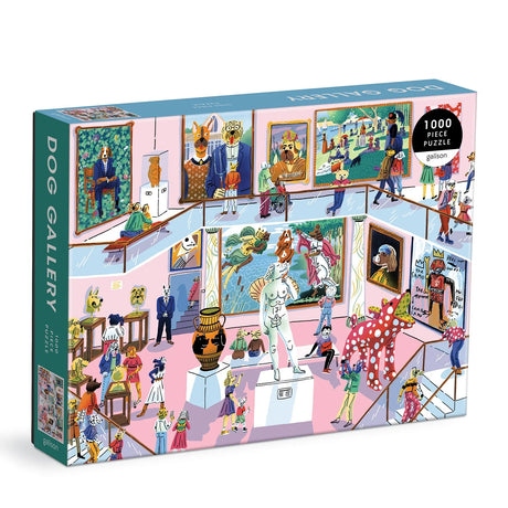 Box of 1000 piece Dog Gallery puzzle featuring whimsical dog characters visiting an art museum with dog-themed paintings.