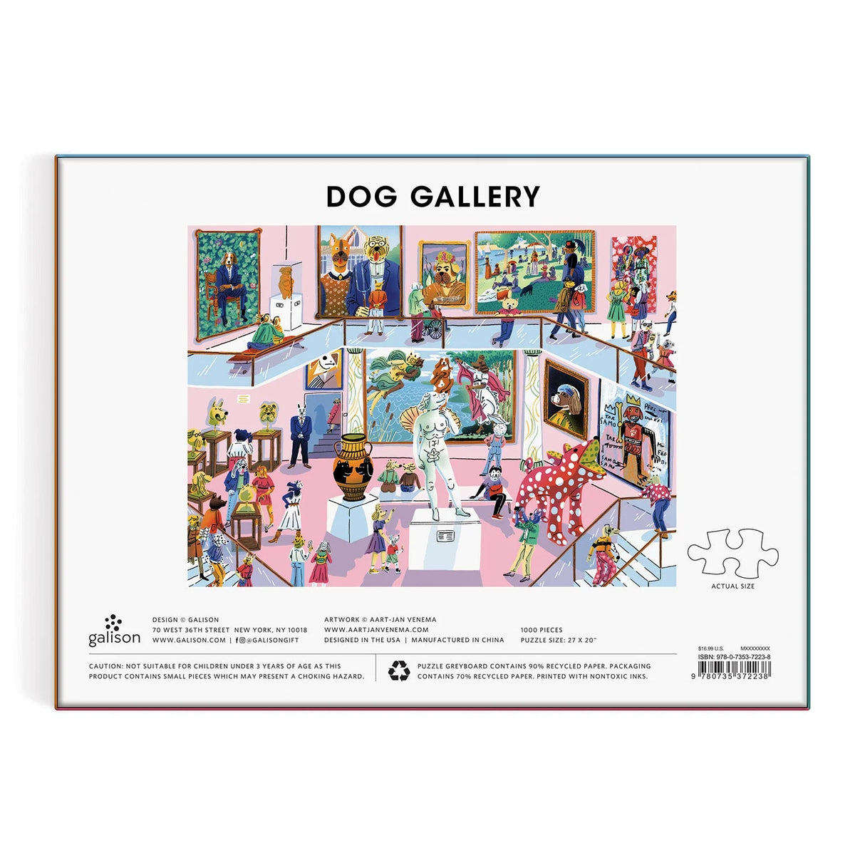 Puzzle box showing a colorful dog-themed art gallery illustration with dogs viewing famous paintings and sculptures