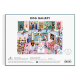 Puzzle box showing a colorful dog-themed art gallery illustration with dogs viewing famous paintings and sculptures