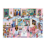 Illustration of dogs viewing dog-themed paintings in an art gallery setting, puzzle with playful and colorful details.