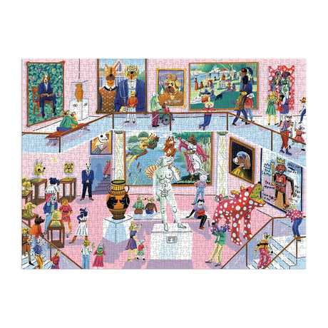 Illustration of dogs viewing dog-themed paintings in an art gallery setting, puzzle with playful and colorful details.