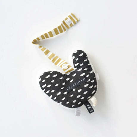 Organic Stroller Toy | Bird with embroidered center, crinkly leaves, and striped strap made of organic cotton.