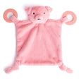 Soft pink pig teether buddy with plush fabric and silicone teether rings for soothing infants' gums