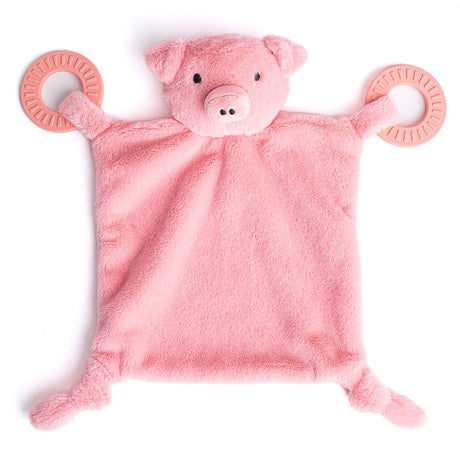 Soft pink pig teether buddy with plush fabric and silicone teether rings for soothing infants' gums