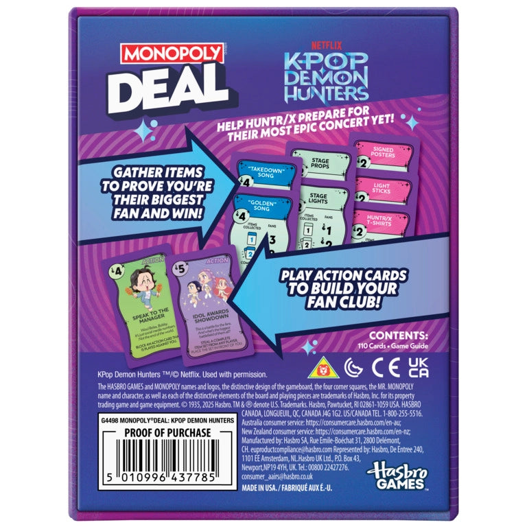 Monopoly Deal: Kpop Demon Hunters game box showing action cards and fan club gameplay instructions